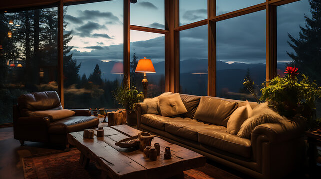 Beautiful luxury warm living room with brown leather couches sofa, sofa table, and plants. Amazing enviable view to mountains landscape through the window during sunset. Empty hotel with nobody. zoom