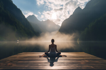 Silhouette of woman meditating and yoga in the nature in front of the lake and mountains with sunlights illuminating - obrazy, fototapety, plakaty