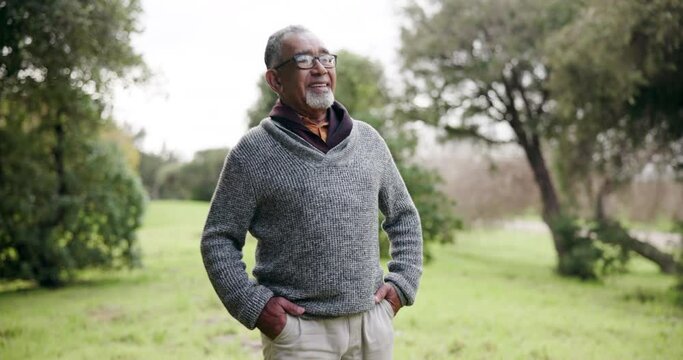 Smile, thinking and senior man in nature for walking, break and enjoying retirement. Happy, relax and elderly person in a garden or park with an idea during a holiday for stress relief in the morning
