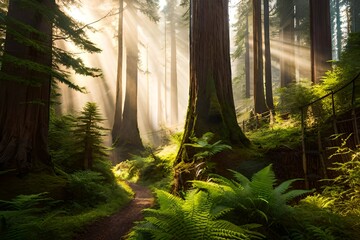 sun rays through the forest generated Ai.