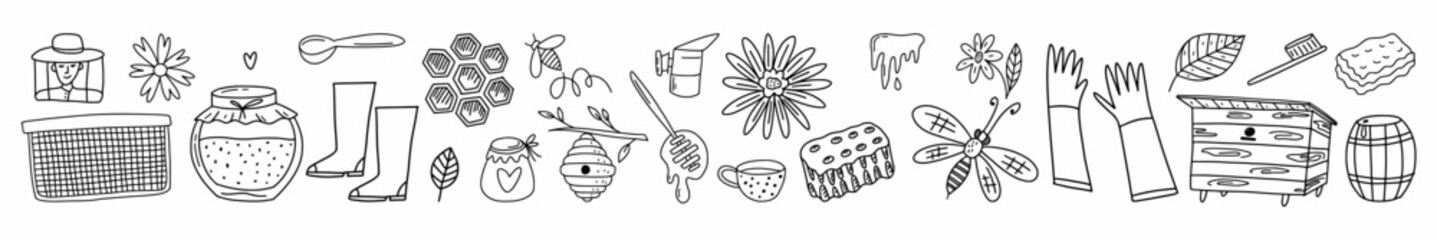 Vector collection of beekeeping and honey items hand-drawn in doodle style
