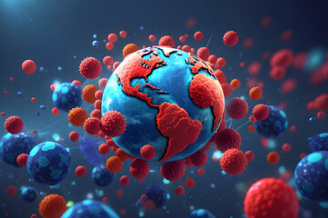 Red and blue virus cells attack planet earth.