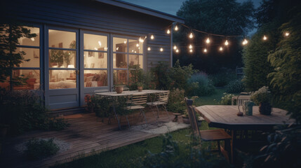 Summer evening on the patio of beautiful suburban house with lights in the garden garden.