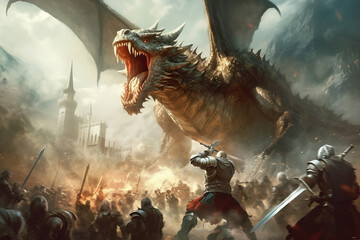 Huge scary dragon / monster against knights / templar knights / medieval / battle / war / fight. Generated AI - obrazy, fototapety, plakaty