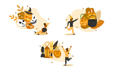 Halloween item illustration set. characters are looking at Halloween equipment including masks, bags, and torch with flashlights. Halloween equipment and items concept. vector illustration.