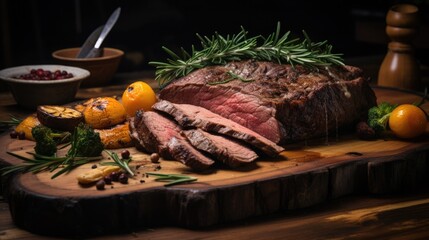 Bison Roast: A rustic shot featuring slices of bison roast on a wooden platter, symbolizing the connection to the land and history. The warm background adds a comforting feel