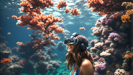Woman wearing virtual reality goggles against coral reefs underwater.