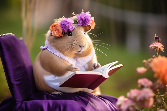 Cute Guinea pig wearing flowers and reading a book in nature