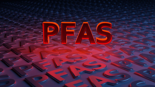 Red PFAS letters in ablue dark background 3D render illustration.