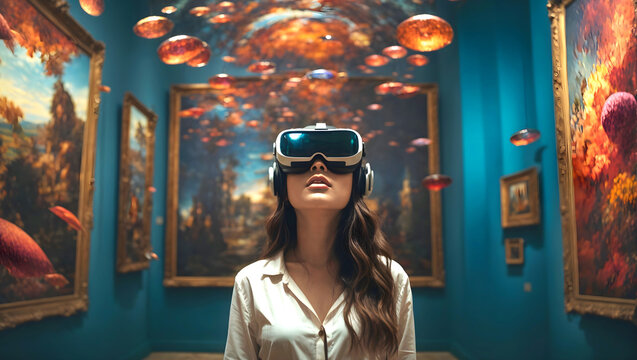 Young woman wearing virtual reality goggles in an art gallery.