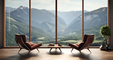 Beautiful luxury warm living room with two brown leather couches, sofa table, plants. Amazing view to mountains landscape through the window. Empty with nobody