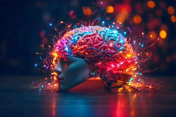 The electrifyingly colorful human brain with glowing neon lights: An artificial intelligence concept