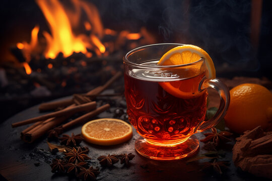 Promotional commercial photo hot mulled wine with orange slice and cinnamon on dark background.