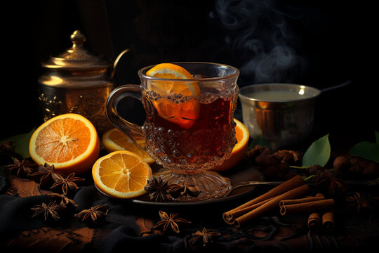 Promotional commercial photo hot mulled wine with orange slice and cinnamon on dark background.