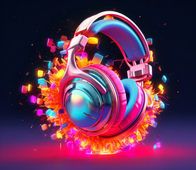 Neon glowing colorful headphones. Generative AI.