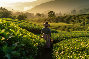 Fototapeta premium a woman picks tea on a plantation in Thailand. view from the back. agricultural work. green leaves on the field.