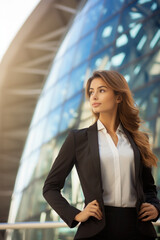 Fototapeta premium confident young woman in a business suit on the background of office buildings. businesswoman, girl company manager .