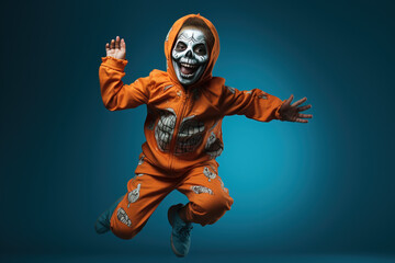 Fototapeta na wymiar Happy kid in scary mask and orange costume for Halloween having fun