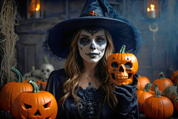 Beautiful young woman in a Halloween costume with skull make-up holding a pumpkin.