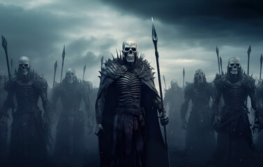 Army of evil undead in mist, scary skeletons in post apocalypse night - obrazy, fototapety, plakaty