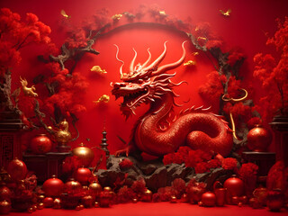 Obraz premium The year of the dragon, red dragon with the red background, Chinese New Year.