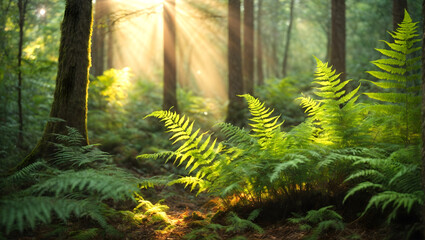 Ferns grow in the forest at sunrise, illuminated by sunbeams. - obrazy, fototapety, plakaty