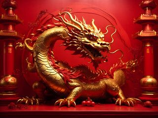 Fototapeta premium The year of the dragon, golden dragon with the red background, Chinese New Year.