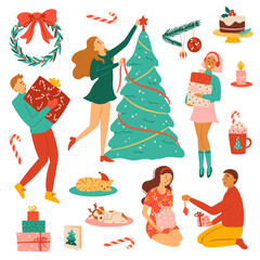 Vector Christmas Illustration of happy people and festive objects