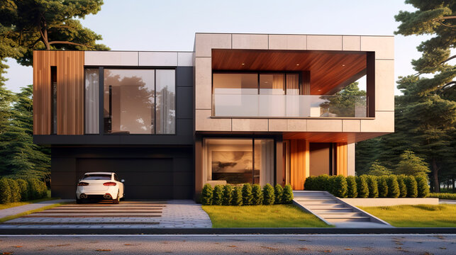 Modern luxury house, villa with panoramic windows in forest