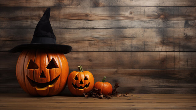 Smiling Halloween pumpkin lanterns on vintage dark wood background