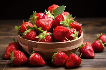 brown bowl of ripe strawberries on a wooden table