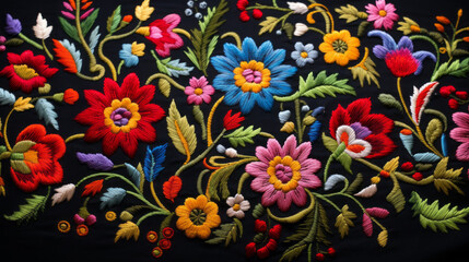 Fototapeta na wymiar Embroidered Floral Fabric flat texture