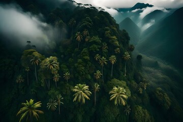 tropical forest in the fog with green mountains