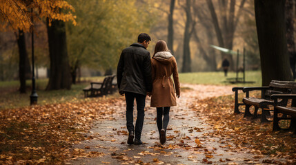 a couple taking a romantic stroll on a date in the park in the fall