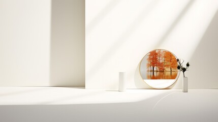 Minimalistic white interior with a round mirror reflecting an autumn forest, play of light and shadow