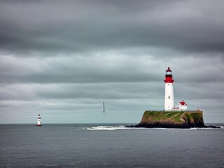 Tall lighthouse at the north sea under a cloudy sky. Generative AI