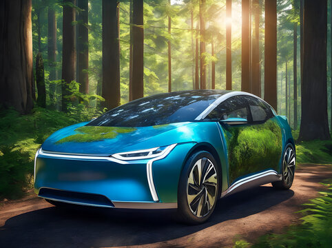 eco car on forest road passing through nature ecosystem, ecology and healthy, environment concept, generative ai