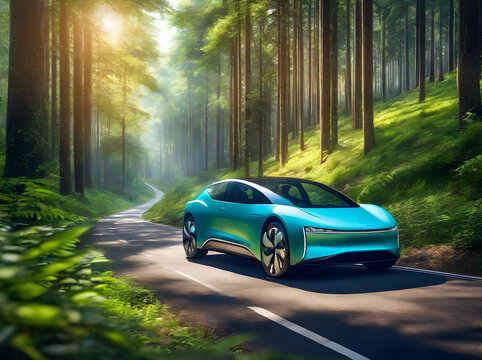 eco car on forest road passing through nature ecosystem, ecology and healthy, environment concept, generative ai	
