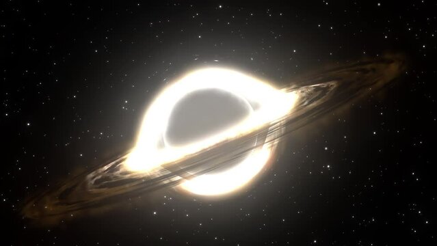 Supermassive black hole flies in the foreground against the background of a galaxy, a starry sky. Looped

