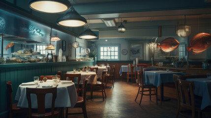 Fototapeta na wymiar The interior of the seafood restaurant.