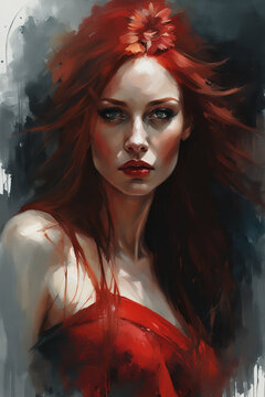 muscular tall caucasian adult woman with long red hair, wearing a red dres in dark mysterious esoteric atmosphere