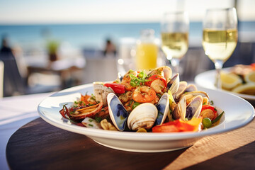 Editorial photography, yummy jucy seafood and white wine, blurred background, high definition, summer, restaurant, copyspace. Ai generated.