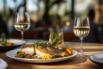 Editorial photography, yummy jucy seafood and white wine, blurred background, high definition, summer, restaurant, copyspace. Ai generated.