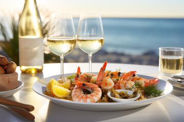 Editorial photography, yummy jucy seafood and white wine, blurred background, high definition, summer, restaurant, copyspace. Ai generated.