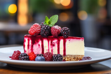 CHEESECAKE FRUTTI DI BOSCO, blurred background, high definition, food photography, desert, yummy, Ai generated, generative Art.