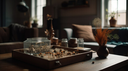 Fototapeta na wymiar The living room is adorned with a gray and brown color scheme, featuring a wooden tray placed on the coffee table above the sofa. On the tray, there is a glass jar filled with dried flowers, a vase.