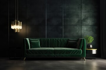 Modern dark living room interior with green couchpillows