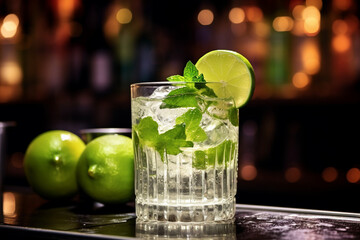 Food photography, editorial photography, close-up of Caipirinha Cocktail, blurred background, drinks, beverage, alcohol. Ai generated content.