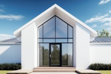 Minimal style white house exterior. Gable roofglass window