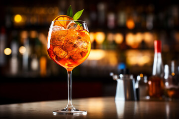 Food photography, editorial photography, close-up of Aperol Spritz Cocktail, blurred background. Ai Generated Content